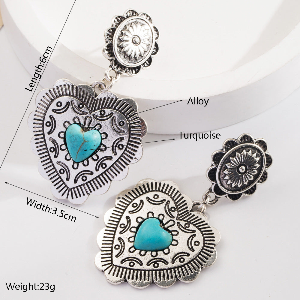 Wholesale Exaggerated turquoise retro heart earrings